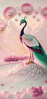 Fantasy peacock in pink landscape wallpaper