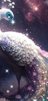 Magical purple peacock with sparkling feathers in a mystical night setting.