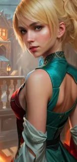 Fantasy woman in teal dress, elegant portrait.