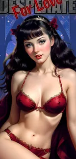 Fantasy art of woman in red lingerie with dark hair and elegant style.