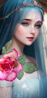 Fantasy portrait of a woman in a blue veil with a pink rose accent.