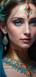 Elegant fantasy portrait with jewelry and vibrant colors for mobile wallpaper.