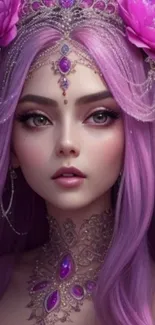 Fantasy portrait with purple hair and floral details.