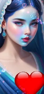 Fantasy portrait of woman in blue with red heart icon.