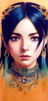 Fantasy art portrait with vivid colors and intricate jewelry.