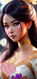 Elegant fantasy character portrait in vibrant attire on a mobile wallpaper.