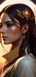 Elegant fantasy character portrait against a glowing backdrop.