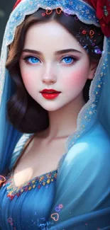 Elegant portrait of a woman with blue dress and red flower, fantasy art.