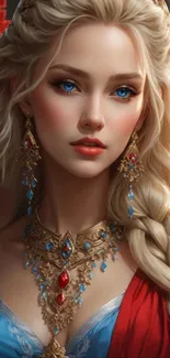 Regal fantasy portrait of a woman with blue eyes and ornate jewelry.