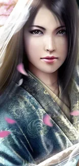 Elegant fantasy portrait of a woman in flowing robes with a soft pink hue.