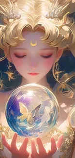 Anime princess holds a glowing orb, surrounded by celestial elegance.