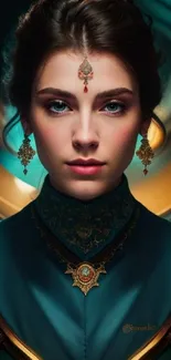 Elegant fantasy portrait with teal colors and intricate jewelry.