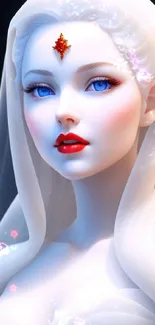 Elegant fantasy portrait of a woman with blue eyes and red lips in a mystical setting.