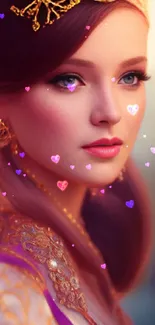 Elegant fantasy portrait with gold accents and purple attire, stunning mobile wallpaper.