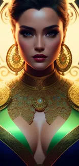 Elegant fantasy portrait of a woman with golden jewelry and vibrant colors.