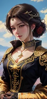 Elegant fantasy character in regal attire set against a scenic background.