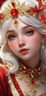 Beautiful fantasy character with gold accents in red attire.