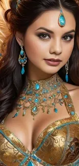 Elegant fantasy portrait with jewelry and gold attire