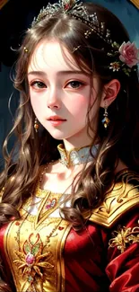 A fantasy princess in burgundy medieval attire with intricate jewelry.