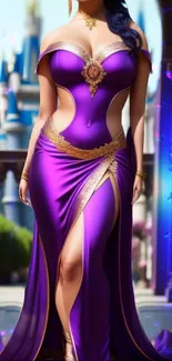 A regal figure in a vibrant purple gown, set against a fantasy background.