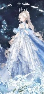 Elegant fantasy princess in a sparkling blue gown amidst a dreamy setting.