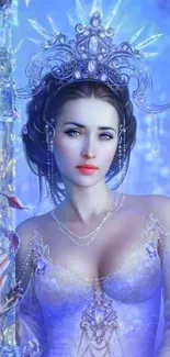 Fantasy princess in blue with crystal crown and intricate details.