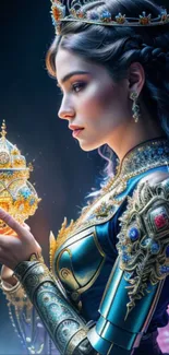 Elegant fantasy princess with gold orb in intricate armor.