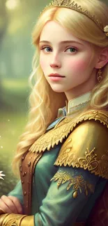 Fantasy princess in golden attire with a serene forest background.