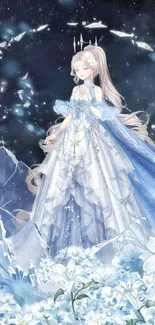 Ethereal fantasy princess in icy blue setting with flowers.