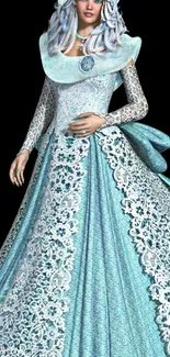 Fantasy princess in a detailed blue lace gown on a wallpaper.