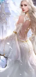 Fantasy princess in white gown with castle backdrop.