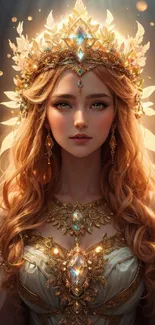 Fantasy princess with golden crown and elegant attire in magical light.