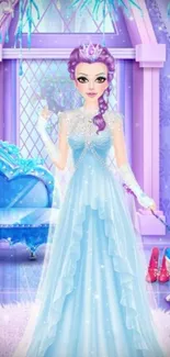 Fantasy princess in blue gown with purple hair in a luxurious room wallpaper.