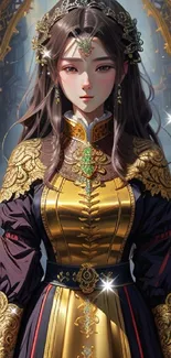 Elegant fantasy queen with gold attire in a majestic backdrop.