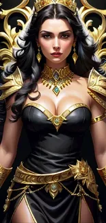 Regal fantasy queen in luxurious gold and black armor in a digital artwork.