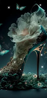 Elegant fantasy shoe adorned with butterflies and flowers, teal and gold hues.