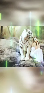 Majestic white tiger with serene figure in a tranquil forest scene.