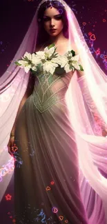 Fantasy figure with veil and flowers in purple hues.