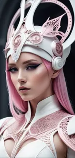 Elegant fantasy warrior with pink hair in futuristic armor.