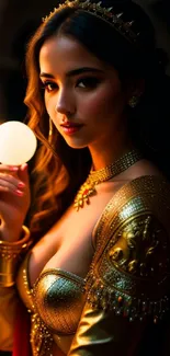 Fantasy warrior princess in gold attire, holding orbs with warm lighting.