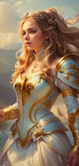 Fantasy warrior princess in golden armor with a scenic background.