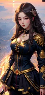 Fantasy character with golden details on blue outfit.