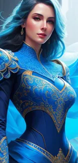 Elegant woman in blue and gold armor with flowing hair.