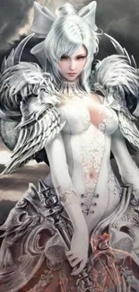 White-haired warrior in elegant armor on a fantasy background.