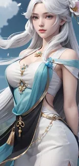 Elegant anime character with white hair in fantasy scene.