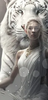 Fantasy art wallpaper with a white tiger and an ethereal woman in elegant attire.