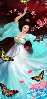 Fantasy woman with butterflies on a floral background, in turquoise dress.