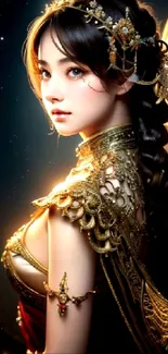 Elegant fantasy woman in golden attire, digital art wallpaper.