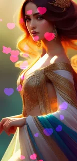 Fantasy woman with sunset orange hair and intricate dress in vibrant art style.