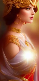 Elegant fantasy woman artwork with golden and vibrant colors.